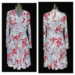 Vintage 1970's Retro Red & White Medallion Print Flirty Poly Secretary Dress MED